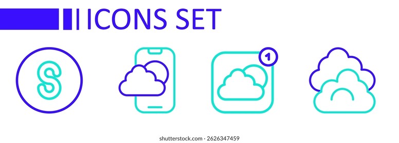 Set line Cloud, Weather forecast app,  and Compass south icon. Vector