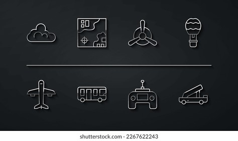 Set line Cloud weather, Plane, Hot air balloon, Drone remote control, Airport bus, World travel map, Passenger ladder and propeller icon. Vector