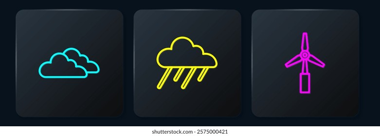 Set line Cloud, Wind turbine and with rain. Black square button. Vector