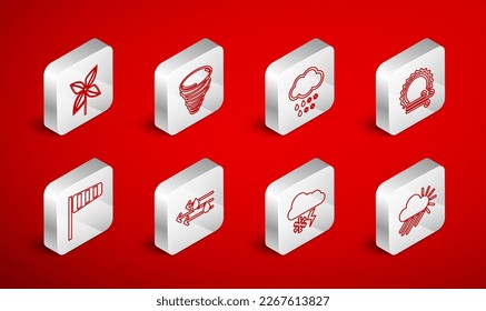 Set line Cloudy with rain and sun, Tornado, snow, Wind, lightning, Pinwheel,  and Cone windsock wind vane icon. Vector