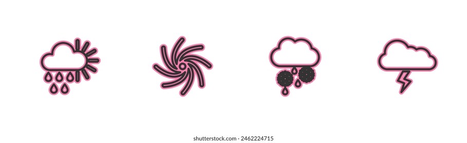 Nublado con lluvia y sol, nieve, tornado e icono de tormenta. Vector