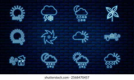 Set line Cloudy with rain and sun, Wind snow, snow, rain, moon, Tornado,  and lightning icon. Vector