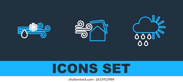 Set line Cloudy with rain and sun, Wind snow and Tornado swirl icon. Vector