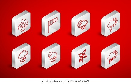 Fijar la línea Nublado con nieve, Vane de viento Cone, lluvia, luna, tormenta, volante, Tornado, e ícono. Vector