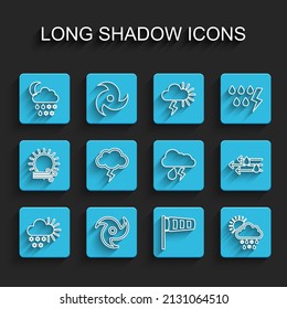 Set line Cloudy with snow, Tornado, rain, moon, Cone meteorology windsock wind vane, sun, Storm, Wind and and lightning icon. Vector