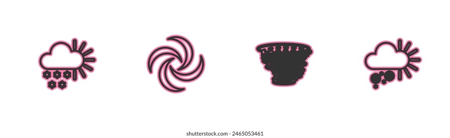 Establecer línea Nublado con nieve, Tornado e icono. Vector