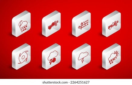 Fijar la línea Nublado con nieve, viento y lluvia, tormenta, luna, relámpago e icono de Tornado. Vector