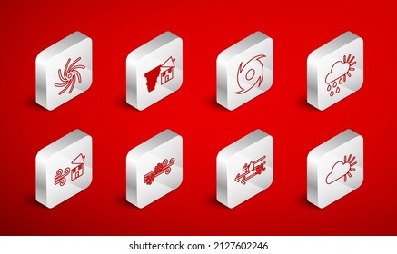 Fijar la línea de nubes, tornado, con lluvia y sol, nieve eólica e ícono. Vector