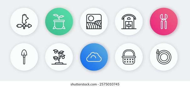 Set line Cloudy weather, Gardening scissors, Shovel, Wicker basket, Farm house, Agriculture wheat field farm, hose and Sprout icon. Vector