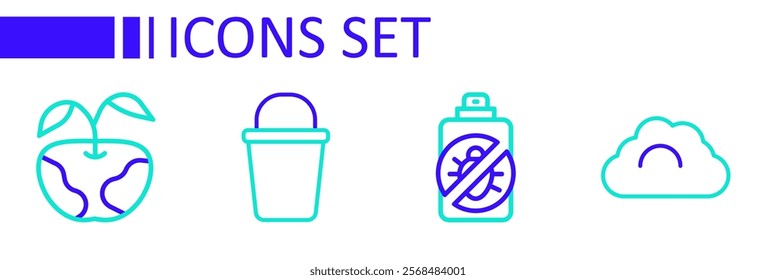 Set line Cloudy weather, Spray against insects, Bucket and Apple icon. Vector