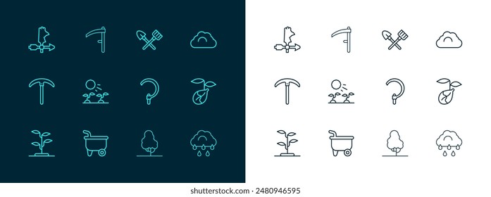 Clima nublado, carretilla, hoz, árbol frutal, brotes de plantas crecen en el sol, pala y rastrillo, paleta de gallo e icono de guadaña. Vector