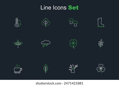 Set line Clover, Bare tree, Leaf, Coffee cup, Four leaf clover, Cloud and lightning and Winter hat icon. Vector