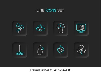 Set line Clover, Leaf, Pear, Garden rake, Location with leaf, Mushroom, Canadian maple and  icon. Vector