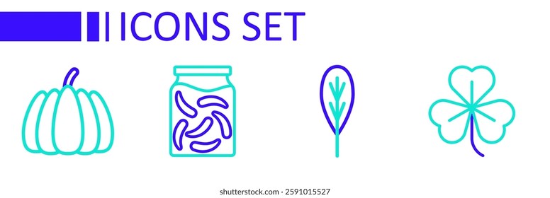 Set line Clover, Leaf, Pickled cucumbers in jar and Pumpkin icon. Vector