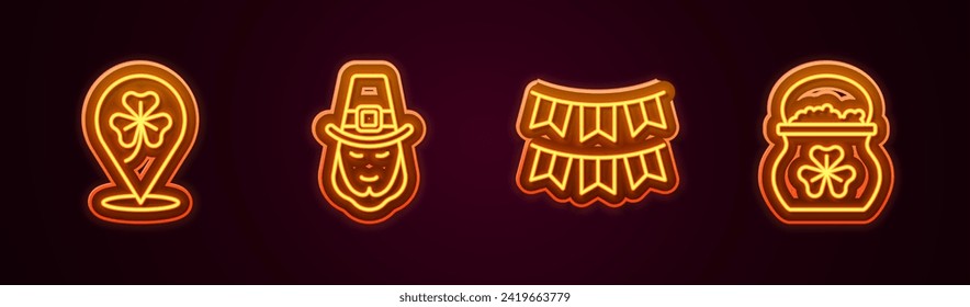 Set-Zeile Kleeblatt, Leprechaun, Karnevalgarland mit Flaggen und Pot von Goldmünzen. Leuchtendes Neonsymbol. Vektorgrafik