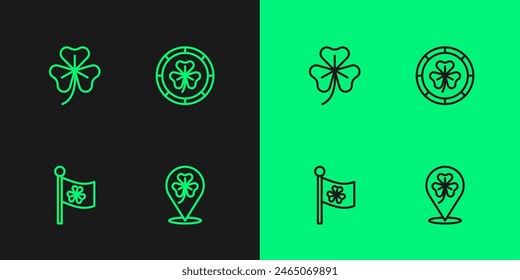 Set line Kleeblatt Kleeblatt, Irland Flagge mit Klee, und Golden Leprechaun Münzsymbol. Vektorgrafik