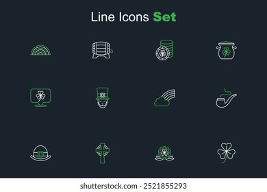 Set line Clover trefoil leaf, Medal with clover, Celtic cross, Leprechaun hat, Smoking pipe, Rainbow cloud,  and  icon. Vector