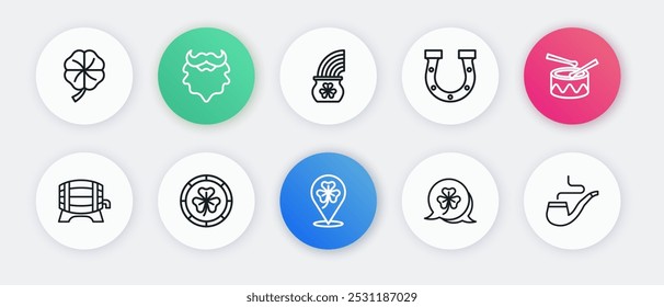 Set line Clover trefoil leaf, Drum with drum sticks, Wooden barrel on rack, Horseshoe, Pot of gold rainbow, Smoking pipe and Golden leprechaun coin icon. Vector