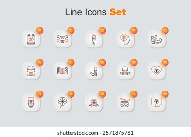 Set line Clover trefoil leaf, Drum with drum sticks, Medal clover, Four, Leprechaun, Heart, hat and boot icon. Vector