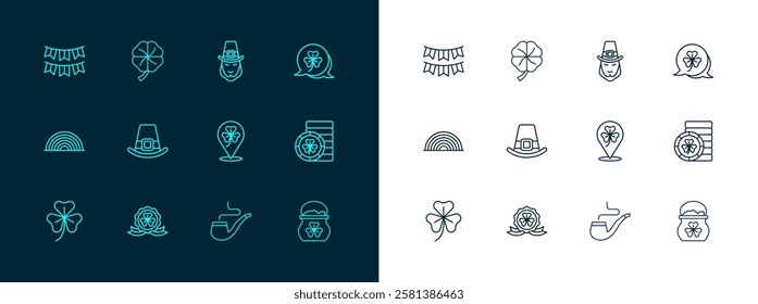 Set line Clover trefoil leaf, Medal with clover, Smoking pipe, Leprechaun hat, Carnival garland flags and Four icon. Vector