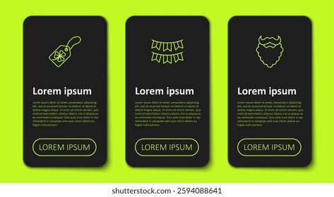 Set line Clover trefoil leaf with tag, Carnival garland flags and Mustache beard. Business infographic template. Vector