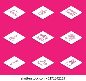 Set line Clown hat, Paper glass with water, Circus ticket, Balalaika, Attraction carousel, Target, Magic wand and Jester bells icon. Vector