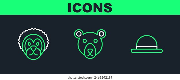 Set line Clown hat, Wild lion and Bear head icon. Vector