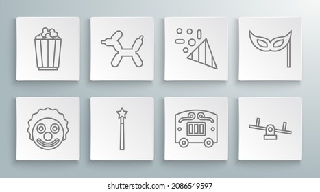 Set line Clown head, Balloon dog, Magic wand, Circus wagon, Seesaw, Festive confetti, mask and Popcorn in box icon. Vector