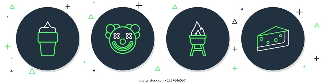 Set line Clown head, Barbecue grill, Ice cream in waffle cone and Piece of cake icon. Vector