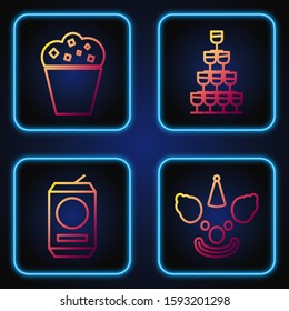 Set line Clown head , Beer can , Popcorn in cardboard box  and Wine glasses stacked in a pyramid tower . Gradient color icons. Vector