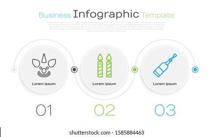 Set line Clown head , Birthday cake candles  and Champagne bottle . Business infographic template. Vector