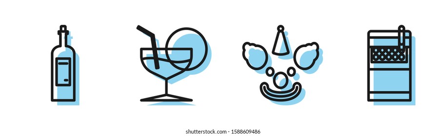 Set line Clown head , Bottle of wine , Martini glass  and Open cigarettes pack box  icon. Vector