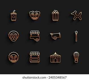 Set line Clown head, Fast street food cart, Paper glass with water, Circus tent, Hot air balloon, Magic wand and Cannon icon. Vector