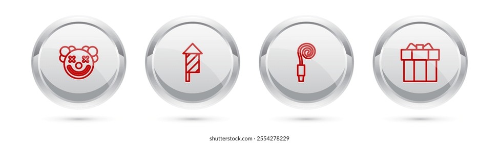 Set line Clown head, Firework rocket, Birthday party horn and Gift box. Silver circle button. Vector