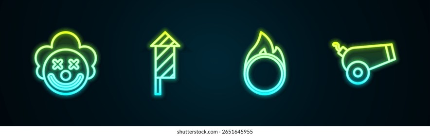 Set line Clown head, Firework rocket, Circus fire hoop and Cannon. Glowing neon icon. Vector