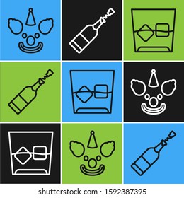 Set line Clown head , Glass of whiskey and ice cubes  and Champagne bottle  icon. Vector