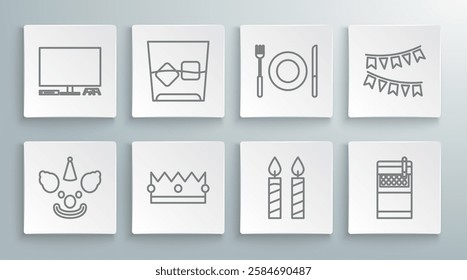 Set line Clown head, Glass of whiskey and ice cubes, Crown, Birthday cake candles, Open cigarettes pack box, Plate, fork knife, Carnival garland with flags and Video game console icon. Vector