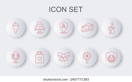Set line Clown head, Microphone, Slice of pizza, Lollipop, Ice cream in waffle cone, Cake, Shopping bag with heart and Gift bow icon. Vector