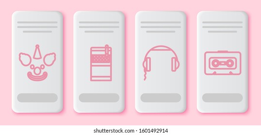 Set line Clown head , Open cigarettes pack box , Headphones  and Retro audio cassette tape . White rectangle button. Vector