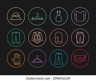 Set line Clutch bag, Pants, Woman dress, Blazer or jacket, Elegant women hat, Christmas mitten and Hanger wardrobe icon. Vector