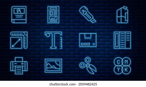 Set line CMYK color mixing, Brochure, Stationery knife, Text, Paper size, Photo album gallery, Carton cardboard box and News icon. Vector