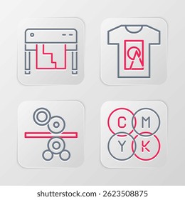 Set line CMYK color mixing, Paper roll of printing press, T-shirt and Plotter icon. Vector