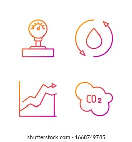Set line CO2 emissions in cloud, Oil price increase, Gauge scale and Oil drop. Gradient color icons. Vector