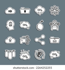 Set line CO2 emissions in cloud, Folder download, Car sharing, Methane reduction, Head with low battery, Music streaming service and Bomb ready to explode icon. Vector