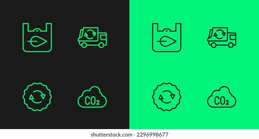 Fijar la línea de emisiones de CO2 en la nube, el símbolo de reciclaje, la bolsa de compras con el icono de reciclar y el camión de basura. Vector