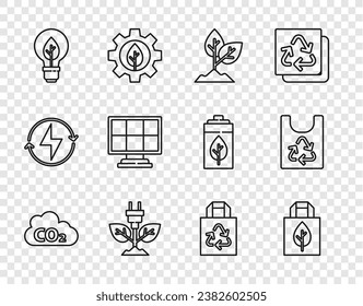 Set line CO2 emissions in cloud, Shopping bag with recycle, Plant, Electric saving plug leaf, Light bulb, Solar energy panel, Paper and Plastic icon. Vector