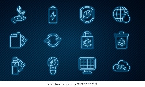 Set line CO2 emissions in cloud, Recycle bin with recycle, Shield leaf, Refresh, Eco fuel canister, Plant hand, Paper bag and Battery icon. Vector