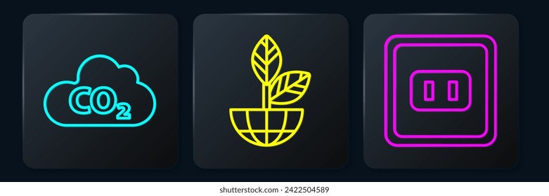 Set line CO2 emissions in cloud, Electrical outlet and Earth globe and plant. Black square button. Vector