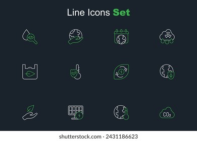 Set line CO2 emissions in cloud, Earth melting to global warming, Solar energy panel, Leaf hand, with shield, Water, Thermometer and Shopping bag recycle icon. Vector