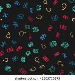 Set line CO2 emissions in cloud, Car sharing, Bomb ready to explode and Flight mode the mobile on seamless pattern. Vector